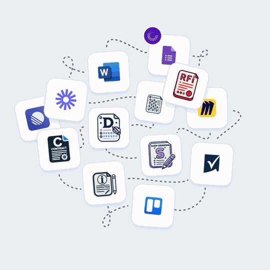 Scattered construction document and tool icons loosely connected by dashed lines